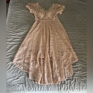 Floral Lace High-Low Dress with Puffer Sleeves